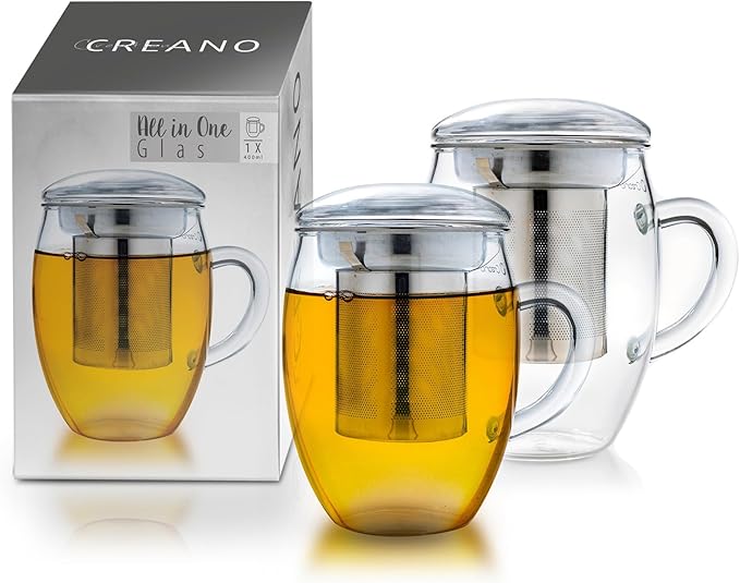Creano 2pcs All-In-One Tea Glass with Stainless Steel Infuser and Lid - 14oz (400ml) - Bloomnest