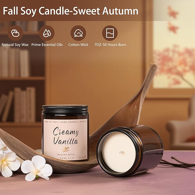Auelife Fall Candle, Creamy Vanilla Scented Candle for Home - Fall Soy Wax Candles - Autumn Aromatheraphy Candles Gifts Set for Women & Men, Holiday, Thanksgiving Decor, 7oz - Bloomnest