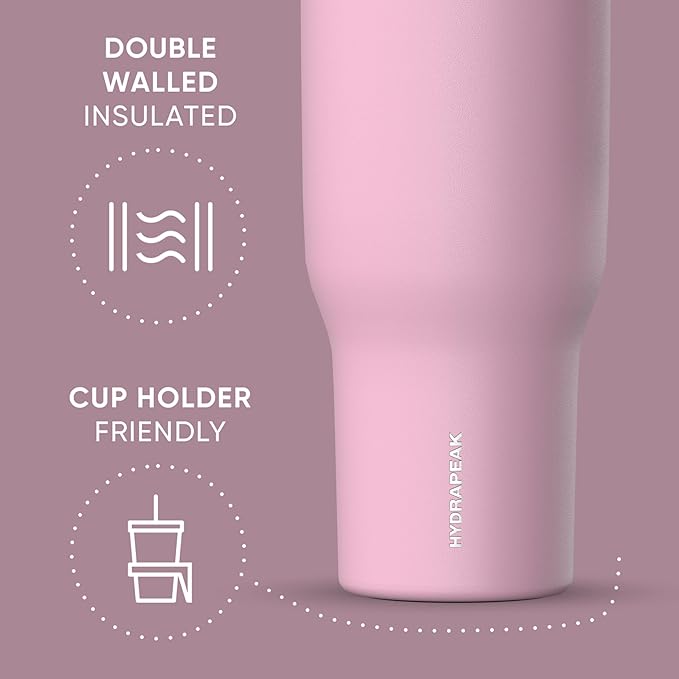 Hydrapeak Voyager 40 Oz Stainless Steel Tumbler with Handle, Insulated Water Bottle With Straw & Lid, Cupholder Friendly Reusable Travel Mug (Cotton Pink) - Bloomnest