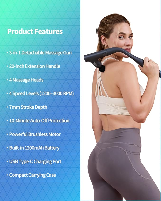 3-in-1 Detachable Massage Gun Deep Tissue, Ergonomic Extension Handle Back Massager for Pain Relief, Portable Percussion Muscle Massager for Shoulder, Thigh, Waist & Neck - Bloomnest