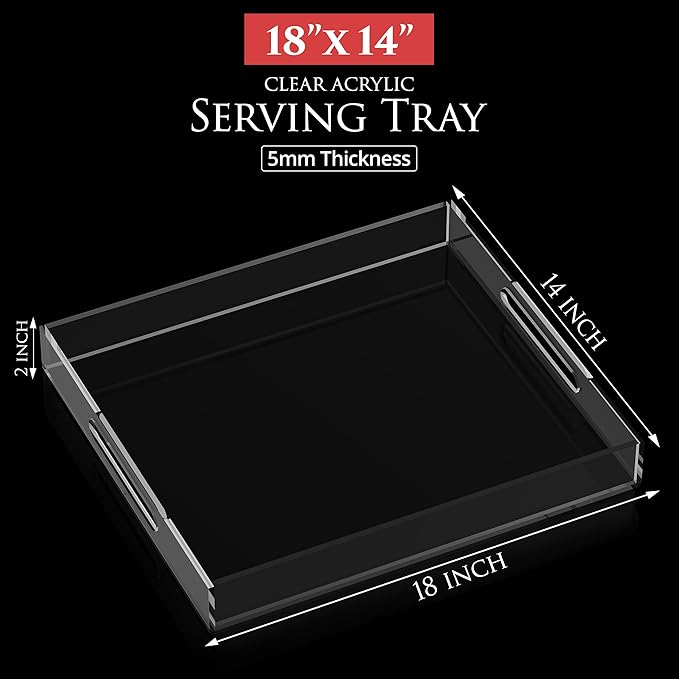 Acrylic Tray 18x14 with Cut Handles - Spill Proof Decorative Tray is an Ideal Countertop Organizer for Living Rooms, Ottoman Coffee Tables, Offices, Kitchens & Serving Guests - Bloomnest