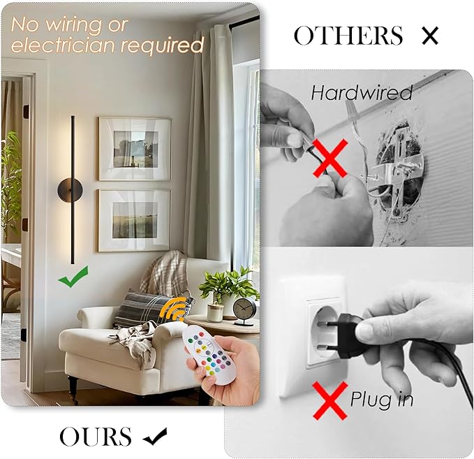 Battery Operated Wall Sconces Set of Two, with Remote Control, Dimmable, Warm White/Natural White/Daylight/RGB, 350°Rotate, LED Black Wireless Wall Light for Living Room, Bedroom, 24.4 Inch - Bloomnest