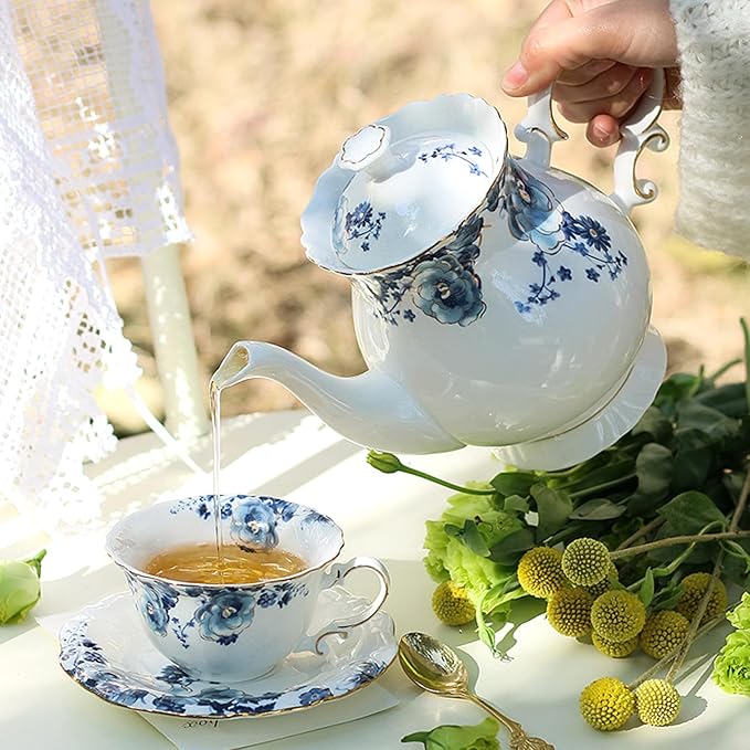 21-Piece Bone China Tea Set for Adults, Blue and White Porcelain Tea Set for 6, Vintage Floral Tea Cup Set With Teapot, Tea Party Sets for Women Gift，Gift Box - Bloomnest