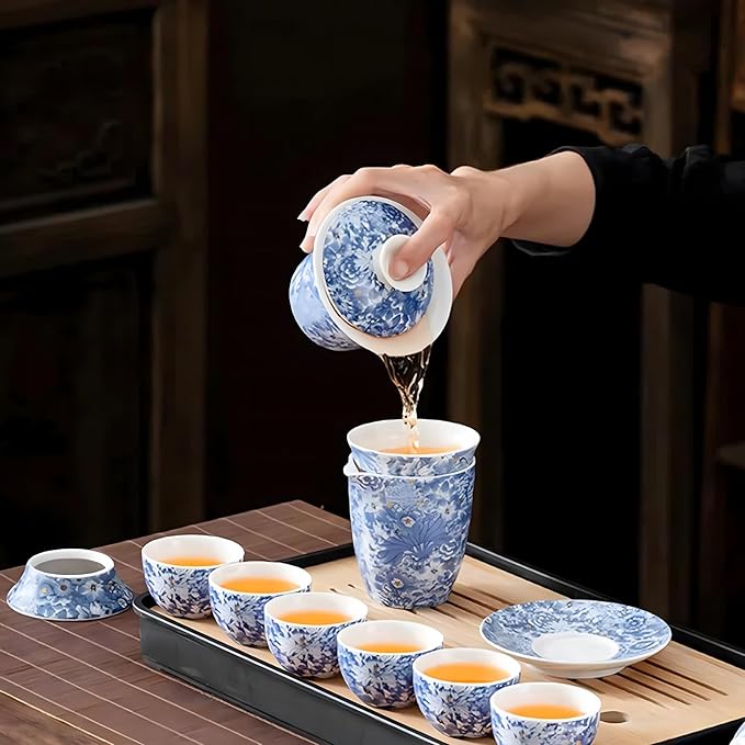 ICHAG Chinese Tea Set, Gongfu Tea Sets for Adults, Asian Gaiwan Teaset, 14-Piece Yangzhi Jade (羊脂玉茶具) with Suspended Gaiwan & Tea Pet, Portable Travel Teaset for Home, Outdoor, Office Gifts - Bloomnest