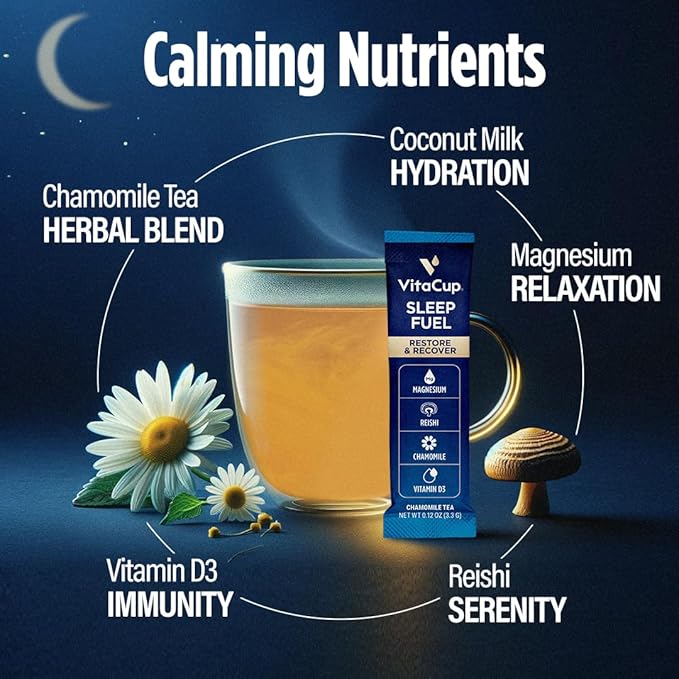 VitaCup Sleep Fuel Instant Tea Packets for Deep REM Sleep, Relax & De-Stress w/Chamomile, Magnesium, Vitamin D3, Coconut Water, Coconut Milk, Potassium, Calming for Full Body Relaxation, 24Ct - Bloomnest