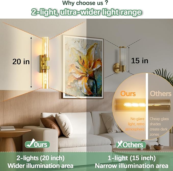 Rechargeable Wall Sconces Set of Two with Remote, Gold Battery Operated Wall Sconce with Amber Glass, Sconces Wall Decor Set of 2 Wall Light Fixtures for Bedroom Bathroom Mirror Living Room - Bloomnest