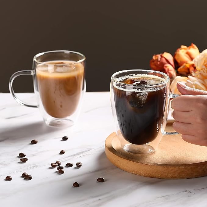 Espresso Cups Set Of 2 12 Oz, Double Walled Glass Coffee Mugs with Handle,Insulated Layer Coffee Cups,Clear Borosilicate Glass Mugs,Perfect for Cappuccino,Tea,Latte,Espresso,Hot Beverage,Wine - Bloomnest