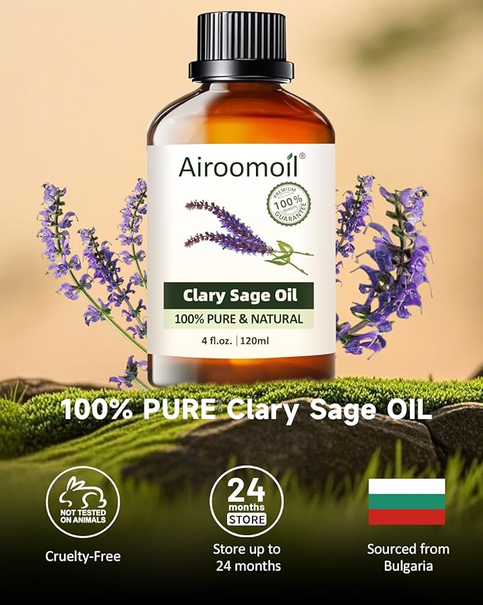Clary Sage Essential Oil 4 fl oz, 100% Pure Clary Sage Oil with Herbal and Soft Floral Aroma for Diffuser Use, Aromatherapy Suitable for DIY Blends, Everyday Scent Experiences Airoomoil