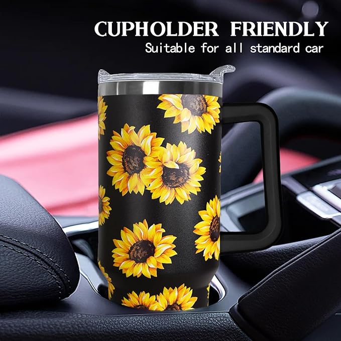 Ceovfoi Sunflower 40 oz Insulated Stainless Steel Tumbler with Handle and Straw - Bloomnest