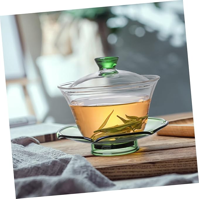 Mobestech Transparent Glass Teacup with Saucer and Lid for Kung Fu Tea Ceremony Compact Porcelain Tea Bowl at Home Office with Lotus Design - Bloomnest