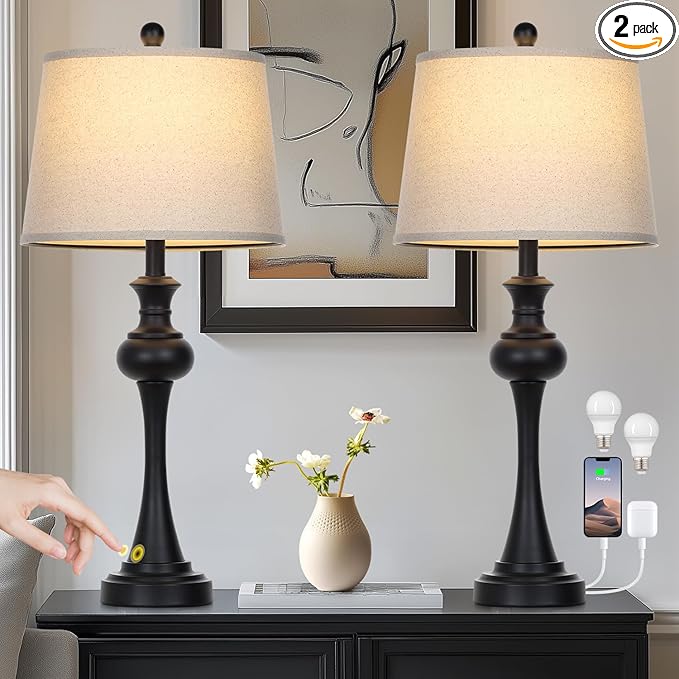 28.75" 3-Way Touch Control Modern Table Lamp Set of 2 for Living Room, Bedside Lamp with USB A+C Ports, Mid Century Black Table Lamps, Nightstand Lamps Set,Beige Fabric Shade Vintage Accent Style - Bloomnest
