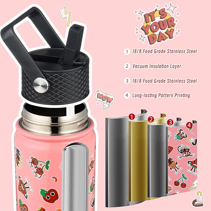 BJPKPK Insulated Water Bottle with Straw Lid, 18 oz Stainless Steel Metal Water Bottles, Reusable Leak Proof BPA Free Water Bottles, Cups, Thermo, Passionate-Pink - Bloomnest