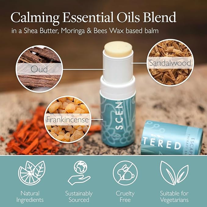 Scentered Aromatherapy Balm Stick - Escape - Natural Calm Essential Oil Roll On - Meditation Aid for Relaxation & Self-Care - 100% Natural: Frankincense, Oud, Sandalwood - Mindfulness Gifts for Women - Bloomnest
