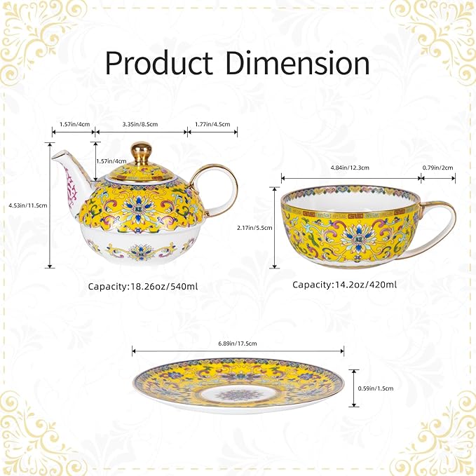 Tea for One, Porcelain Teapot and Cup Set, Vintage Tea Pot and Saucers Set, Ceramic Tea Set for Tea Party, Office and Home, Yellow Tea Cups and Saucer Set for Coffee, Cappuccino, Tea - Bloomnest