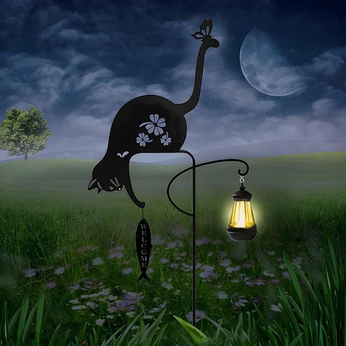 Solar-Powered Black Cat&Fish Garden Decor Stakes - Metal Silhouette Figurine for Outdoor Yard, Lawn, and Patio Decoration(Cat&Fish) - Bloomnest