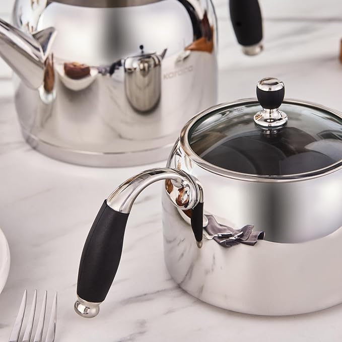 Karaca Stella Stainless Steel Turkish Teapot Set XL, 1L Tea Pot & 2L Water Tank (Kettle), Stove Top/Induction Compatible, Elegant Silver Color, Easy to Clean, Heat-Resistant Handles - Bloomnest