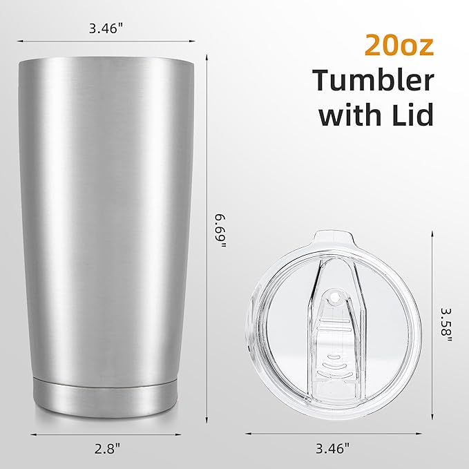20 oz Tumbler Bulk with Lid Stainless Steel Insulated Tumblers Double Wall Vacuum Coffee Mug Powder Coated Tumbler Cups for Cold and Hot Drinks, Stainless Steel, 6 pack