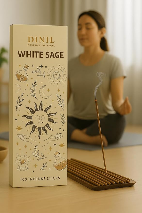 Dinil White Sage Incense Sticks – 100 Sticks | Hand-Rolled, Charcoal-Free | Clean Burn, Low Smoke | Aromatic Incense for Meditation, Yoga & Home Fragrance Dinil