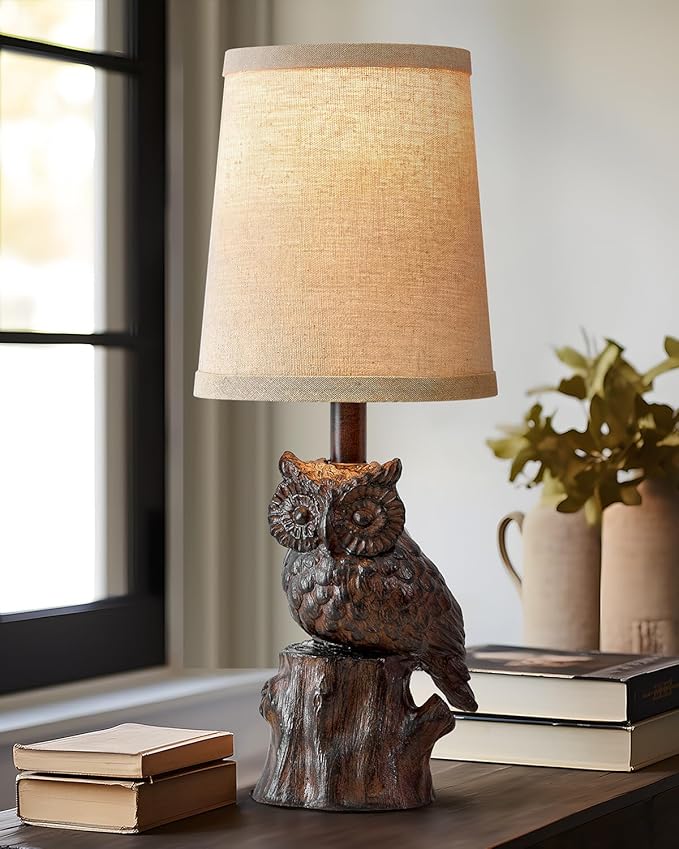 14.25" Small Table Lamp for Living Room Farmhouse Bedside Resin Single Lamp with Brown Owl Lamp Shape for Bedroom Retro Rustic Nightstand Lamp - Bloomnest