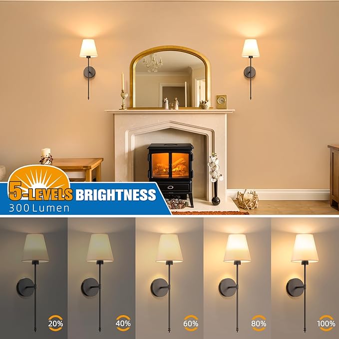 NIORSUN 19.9 inch Battery Operated Wall Sconce Set of 2,Black Rechargeable Wall Lights with 5200mAh Dimmable Detachable Bulbs and Remote,10 Colors Wireless Sconces for Bedroom Living Room Hallway - Bloomnest
