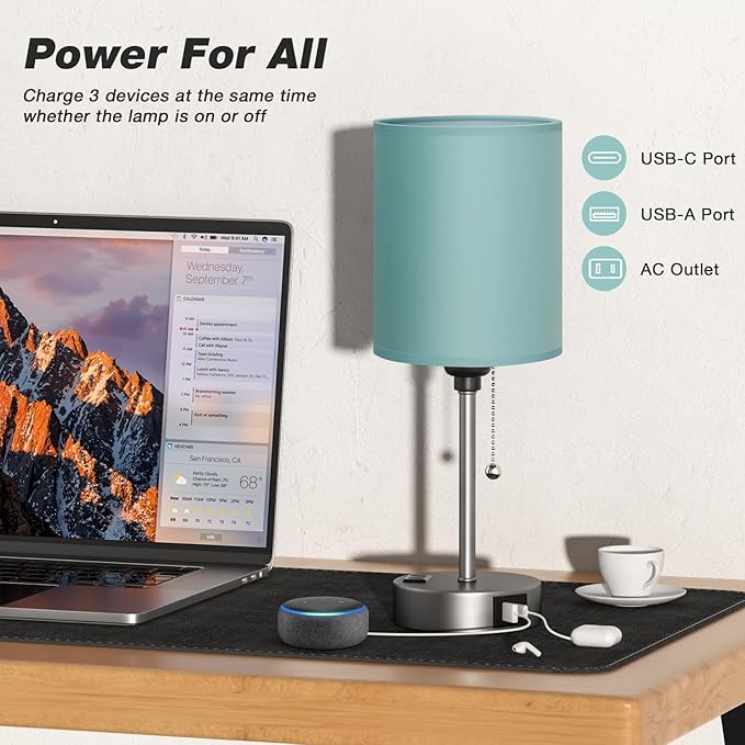 Teal Bedside Lamp for Nightstand - 3 Color Temperature Table Lamp with USB C and A Ports, Pull Chain Lamp for Bedroom with AC Outlet, Coastal Desk Lamp with Silver Metal Base for Kids Girls - Bloomnest