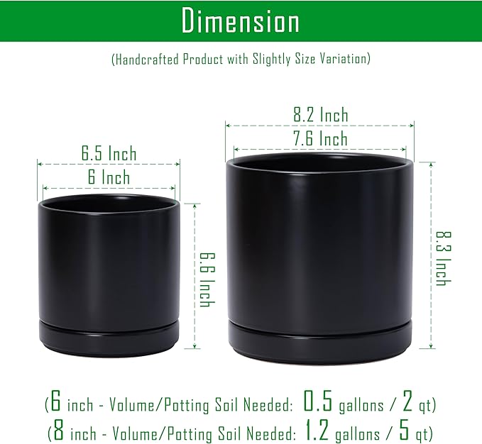 D'vine Dev 6.5 Inch & 8.2 Inch Ceramic Planter Pots for Plants with Drainage Hole and Saucer, Medium Plant Pots Set, Black, 94-G-M-2 - Bloomnest