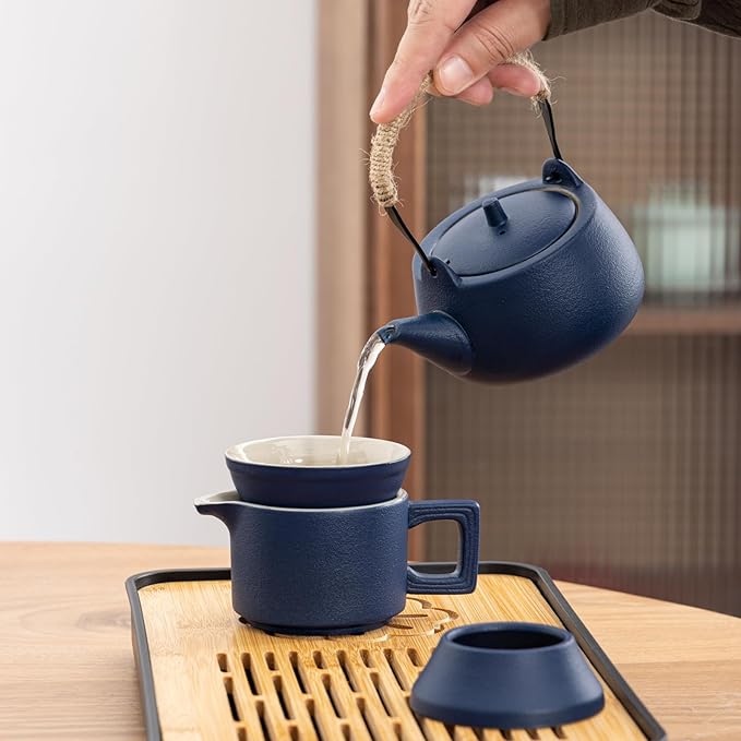 Travel tea set,Portable ceramic tea set,Chinese tea set,Tea sets for adults,Tea pot sets,Portable Travel Bag,Home,Gifting,Outdoor and Office,茶具 (Blue) - Bloomnest