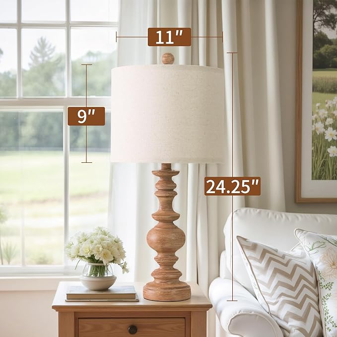 BOBOMOMO 24" Farmhouse Table Lamps Set of 2 – Rustic Light Brown Resin Bedside Lamps with Linen Shades, Medium Size Nightstand Lamps for Bedroom, Living Room, and Entryway, Ideal for Warm, Cozy Spaces - Bloomnest