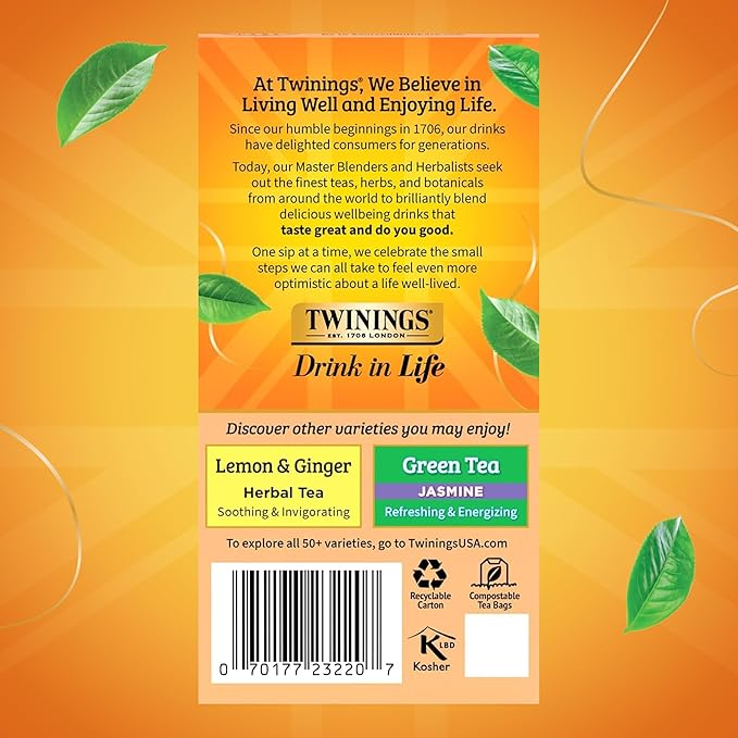 Twinings Peach & Orange Herbal Tea Individually Wrapped Bags, 20 Count (Pack of 6), Juicy & Fruity, Naturally Caffeine-Free, Enjoy Hot or Iced, 120 Teabags - Bloomnest