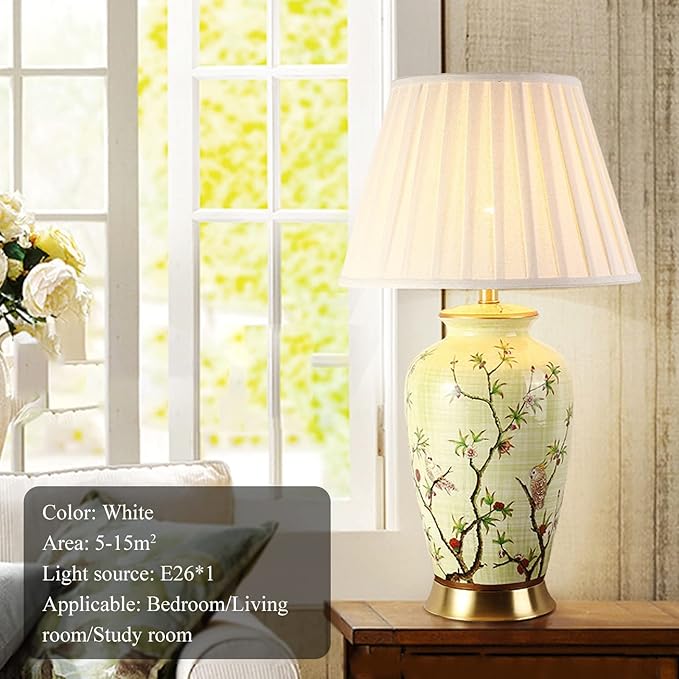American Flower and Bird Ceramic Table Lamp, 27 Chinoiserie LED Table Lamp , Classic Cottage Bedside Desk Nightstand Lamp - Bloomnest
