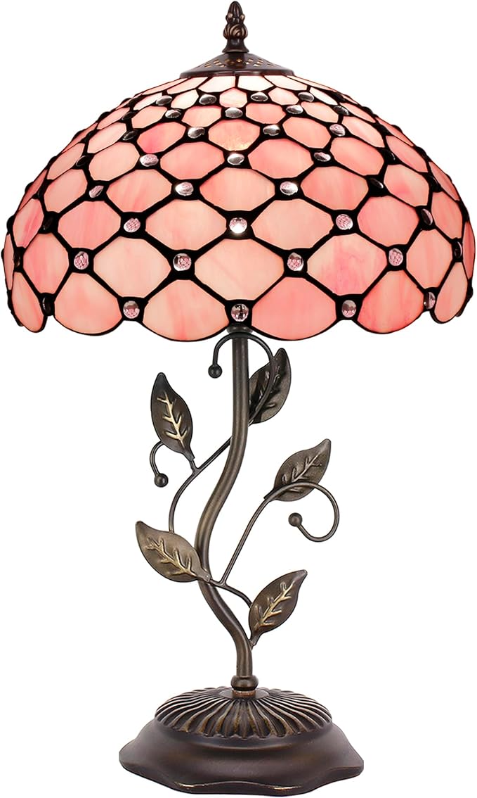 Tiffany Lamp Table Lamp Stained Glass Desk Lamps 12X12X19 Inches Reading Light Decor Bedroom Living Room (Pink Bead Style) - Bloomnest