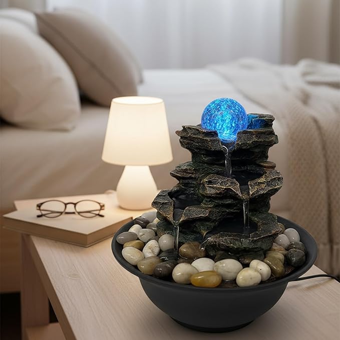 Indoor Tabletop Water Fountain, Resin Meditation Fountain with Color LED Light, Indoor Waterfall Feature for Home Office Decor (E) - Bloomnest