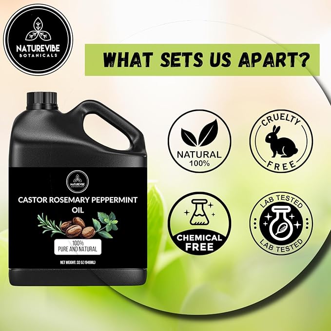 Naturevibe Botanicals Castor with Rosemary and Peppermint Oil 32 Ounces | 100% Pure and Natural | Great for Skin Care and Hair Care - Bloomnest