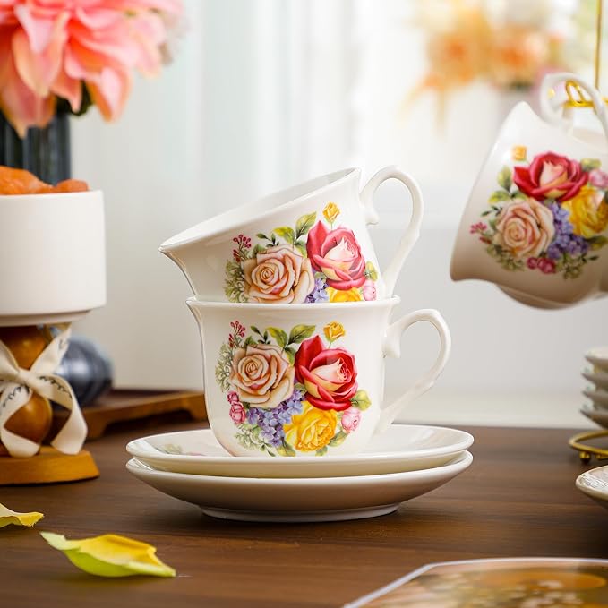 20-Pieces Porcelain Bone china Tea Sets,Gold Rim Coffee Set with Golden Metal Rack,Tea Gift Sets for Home&Party (006) - Bloomnest