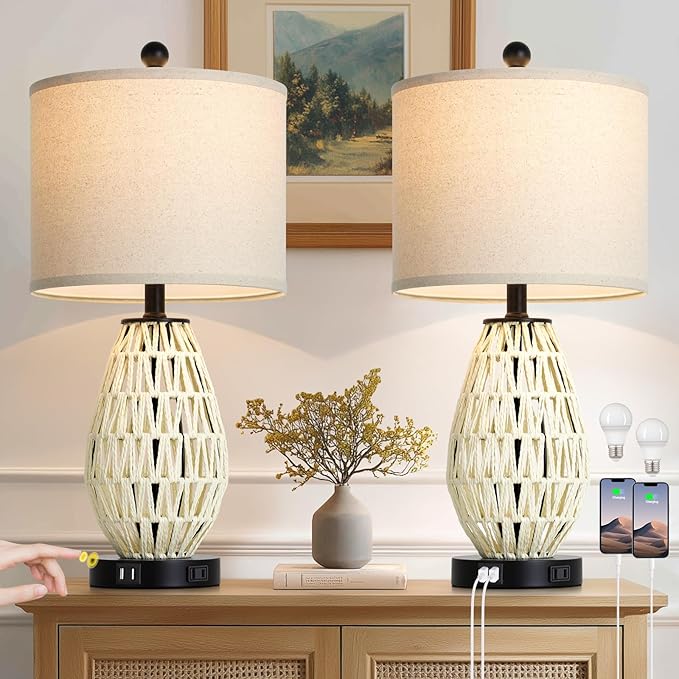 White Rattan Table Lamps Set of 2, 3 Way Dimmable Touch Control Bedside Lamp for Nightstand with 2 USB Ports and AC Outlet, Woven Wicker Bedroom Lamp, Boho Farmhouse Lamps for Living Room End Table - Bloomnest