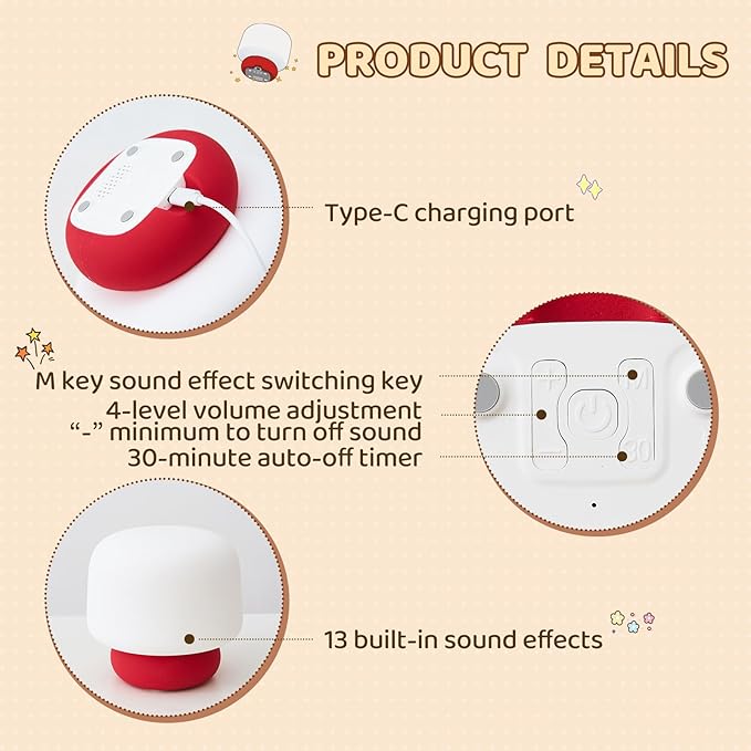 Mushroom Night Light for Kids-Gift & Toy for Kids, Touch Lamp with Sounds&Sleep Music, Squishy Silicone, Eye-Safe LED, 30-Min Timer, Dimmable Rechargeable Bedside Table Lamp – Gift for Boys & Girls - Bloomnest