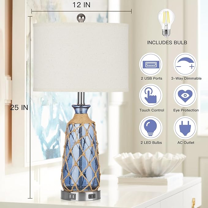 Coastal Glass Table Lamps, 3-Way Dimmable Touch Control Bedside Lamps with 2 USB Ports and AC Outlet, Blue Nautical Nightstand Lamps for Bedroom Living Room (LED Bulbs Included) - Bloomnest