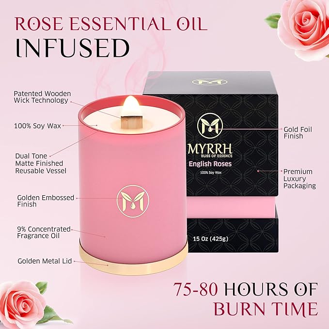 MyrrhUSA Rose Scented Candle – 15 oz Natural Soy Wax with Crackling Wooden Wick & Essential Oils | 80 Hour Burn | Luxury Aromatherapy Candle for Relaxation, Home Décor, Living Room & Bathroom - Bloomnest