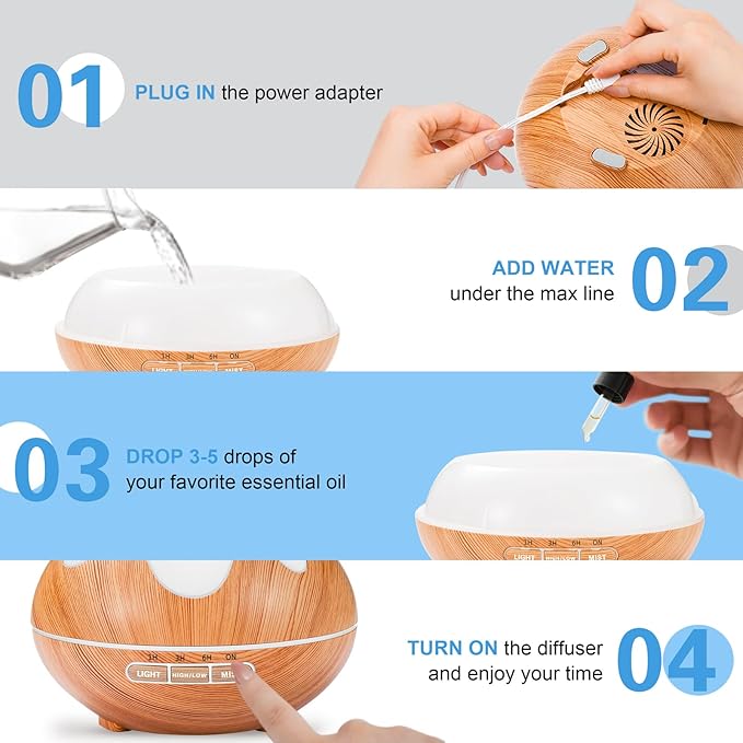 500ML Essential Oil Diffuser, Aromatherapy Diffuser with Remote Control, Multifunctional Air Diffusers for Home Office Room, Fragrance Aroma Diffuser with 7 Color LED & 2 Mist Mode, Light Brown - Bloomnest