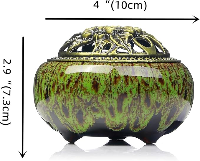Incense Burner with Calabash Incense Stick Holder - Porcelain Charcoal Censer for Use with Resin Granular Powder Cone or Coil Incense (Kiln-Colored Green) - Bloomnest
