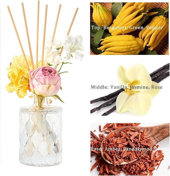 Chloefu Lan Amber Reéd diffuser, 6.7 oz Natural Essential Scented Oil, Pink Yellow and White Flowers Reéd Diffuser Sticks, Bathroom, Home & Office Decor, Preppy Room Decor, Amber Diffuser Oil Gift Set - Bloomnest