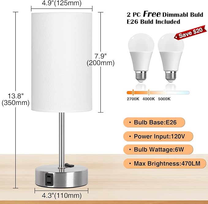 ZJOJO Table Lamp for Bedroom Set of 2, Bedside Small Lamps with 3 Way Dimmable Rocker Switch and AC Outlet, Nightstand Desk Lamp with White Fabric Shade Nickel Base for Living Room Home Decor Lights - Bloomnest