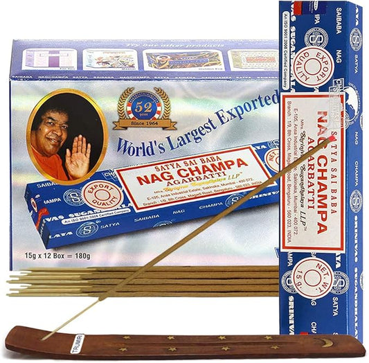 Nag Champa Incense Sticks 15g x 12 and Incense Stick Holder Bundle - Bloomnest