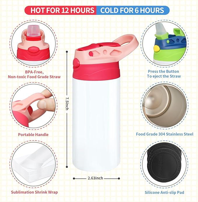 6 PACK Kids Sublimation Tumblers, 12oz Blank Sippy Cups, Stainless Steel Sublimation Water Bottle Blanks for DIY Heat Press Print Crafting Gift (6pack) - Bloomnest