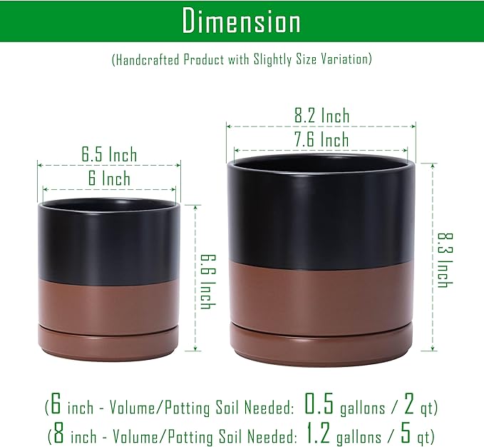D'vine Dev 6.5 Inch & 8.2 Inch Ceramic Planter Pots for Plants with Drainage Hole and Saucer, Medium Plant Pots Set, Black/Speckled Tan, 94-G-M-7 - Bloomnest