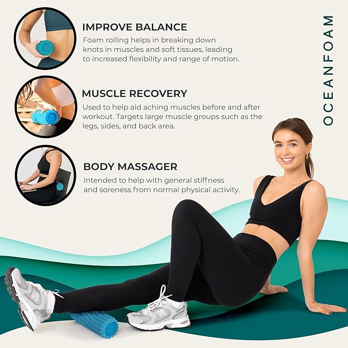 Oceanfoam Ripple Travel Foam Roller (11" x 3.35") Firm Mini Foam Roller for Physical Therapy, Deep Tissue Massage, Back Pain, High Density, Ergonomic Wave Textured, Yoga, Pilate, Exercise (Miami Blue) - Bloomnest