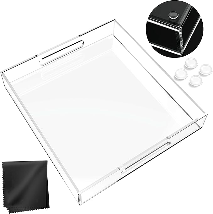 Acrylic Tray 12x12 with Cut Handles - Spill Proof Decorative Tray is an Ideal Countertop Organizer for Living Rooms, Ottoman Coffee Tables, Offices, Kitchens & Serving Guests - Bloomnest
