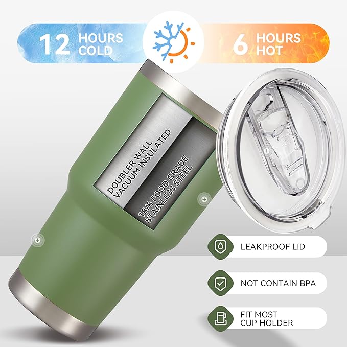 30 oz Tumbler with Lid Stainless Steel Tumblers Bulk Vacuum Insulated Cup Reusable Powder Coated Travel Mug Double Wall Leak Proof Cups Keep Cold Drinks for 12 Hours Army Green, Set of 4