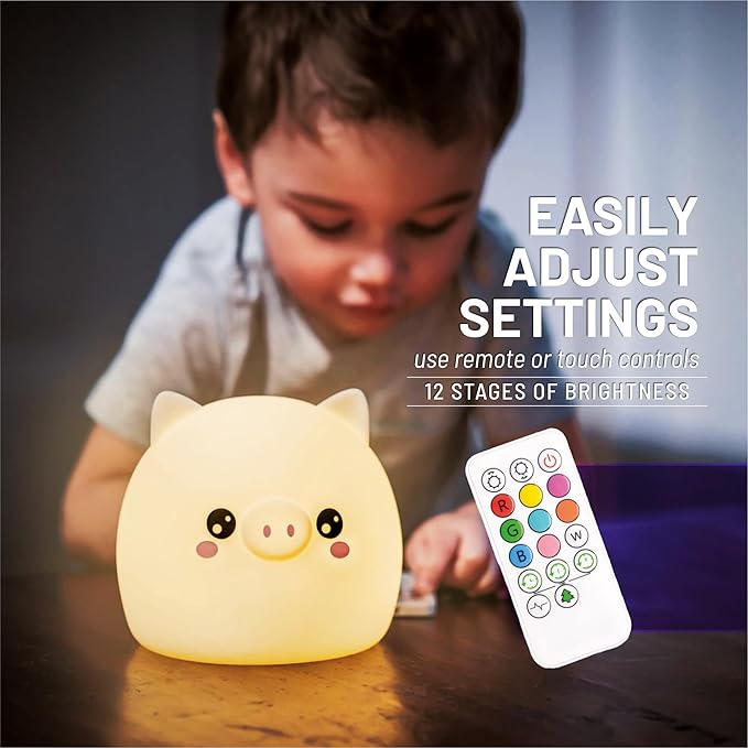 Lumipets Remote Control Silicone Night Light for Kids - Pig Design with 9 Soft Colors & Sleep Timer - Rechargeable, Battery-Operated Lamp for Bedroom | Baby Nursery, Toddler, Girls, Boys - Bloomnest