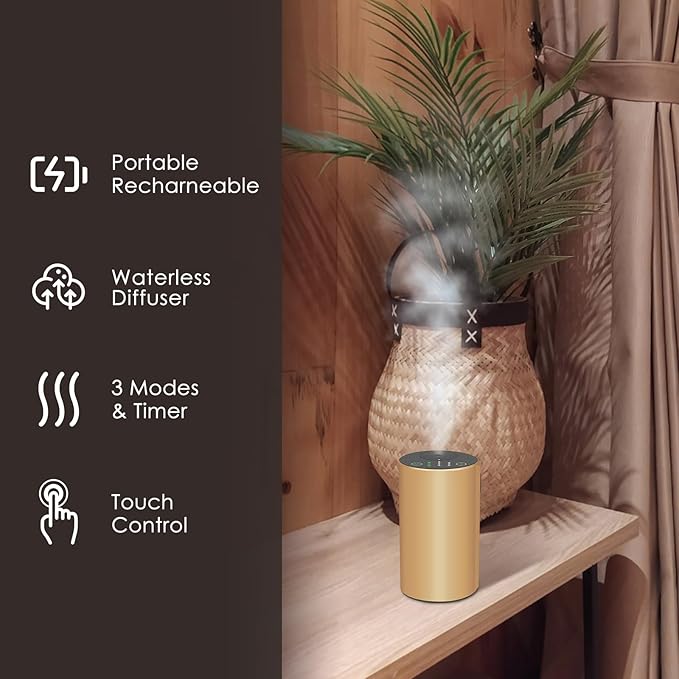 Waterless Essential Oil Diffuser, 7 Colors LED Light, Battery Powered Mini Scent Air Machine, Aromatherapy Mist Diffuser for Home Room Car Office (Gold) - Bloomnest
